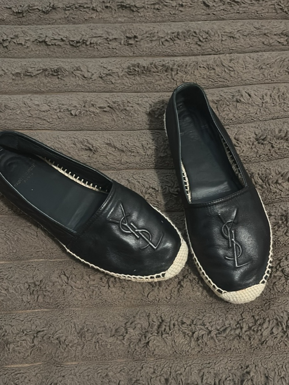 Saint Laurent Black Leather Espadrille Flats with YSL Logo